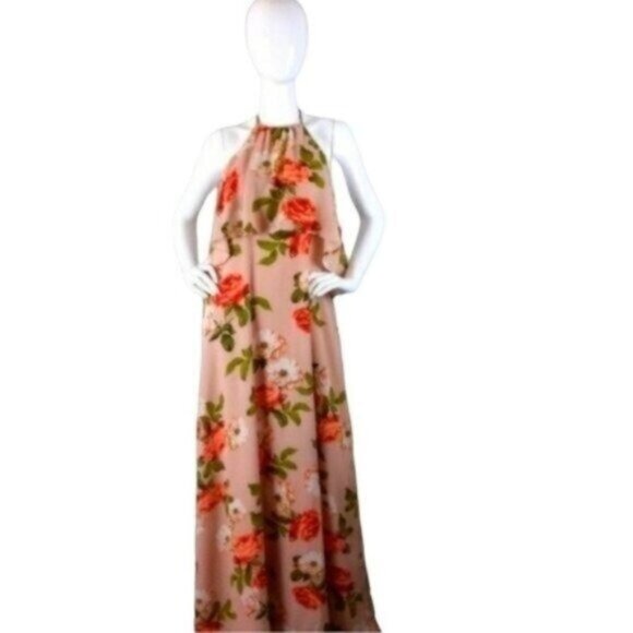 Show me your Mumu Halter Aimee Floral Ruffle Maxi Dress Peach Medium - Picture 1 of 7
